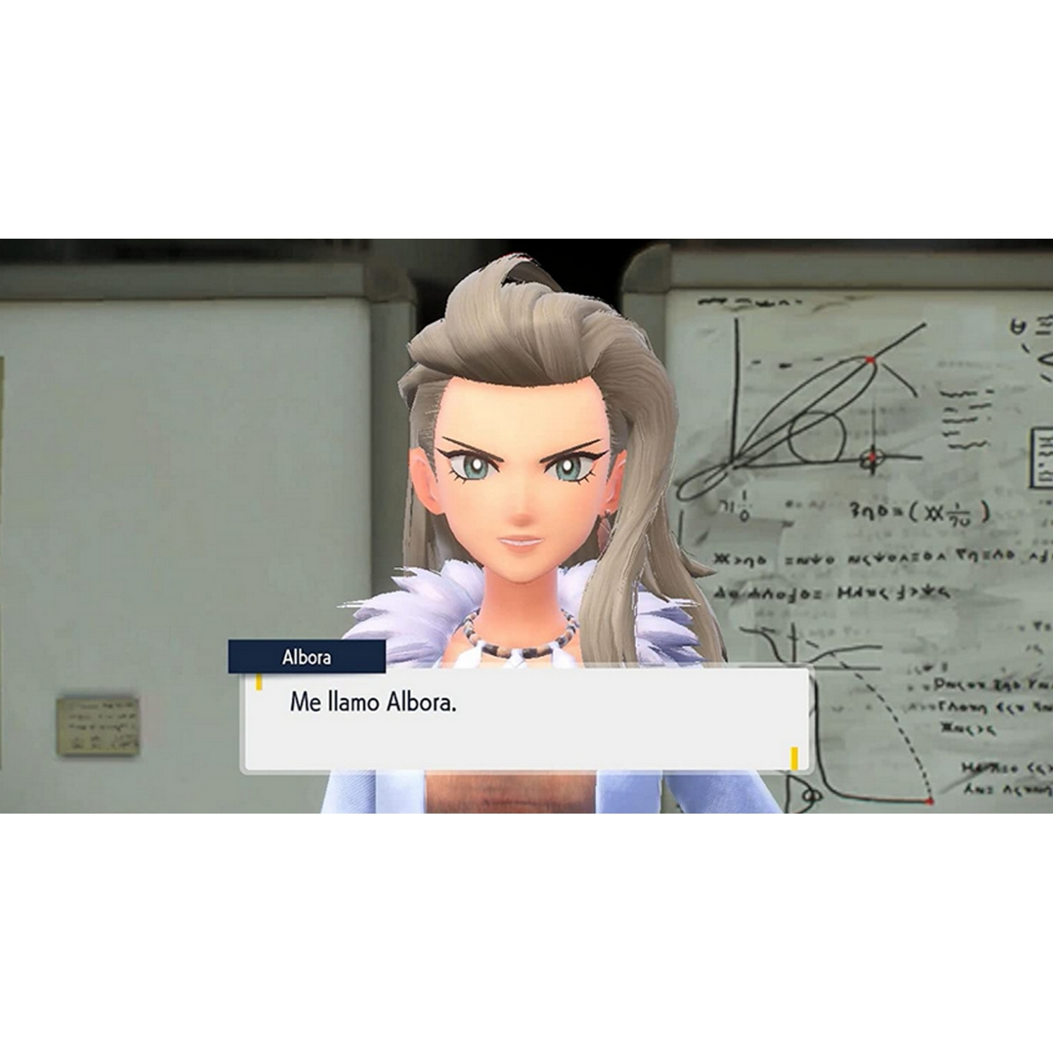 Mujer en un juego con cuadro de texto que dice: "Me llamo Albora". El fondo tiene dibujo y texto.
