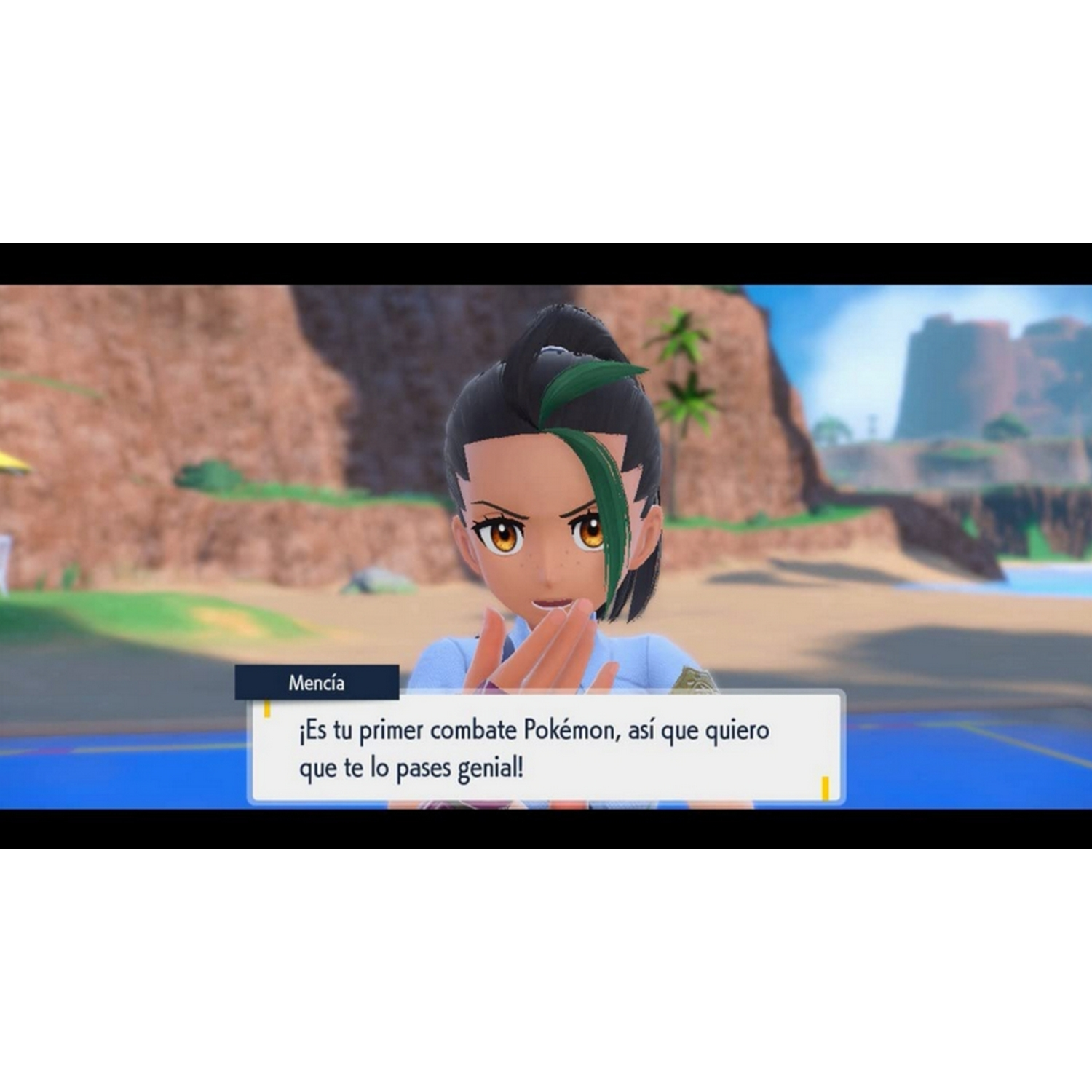 Una mujer en un cuadro de diálogo de videojuego dice: «Es tu primer combate Pokemon».