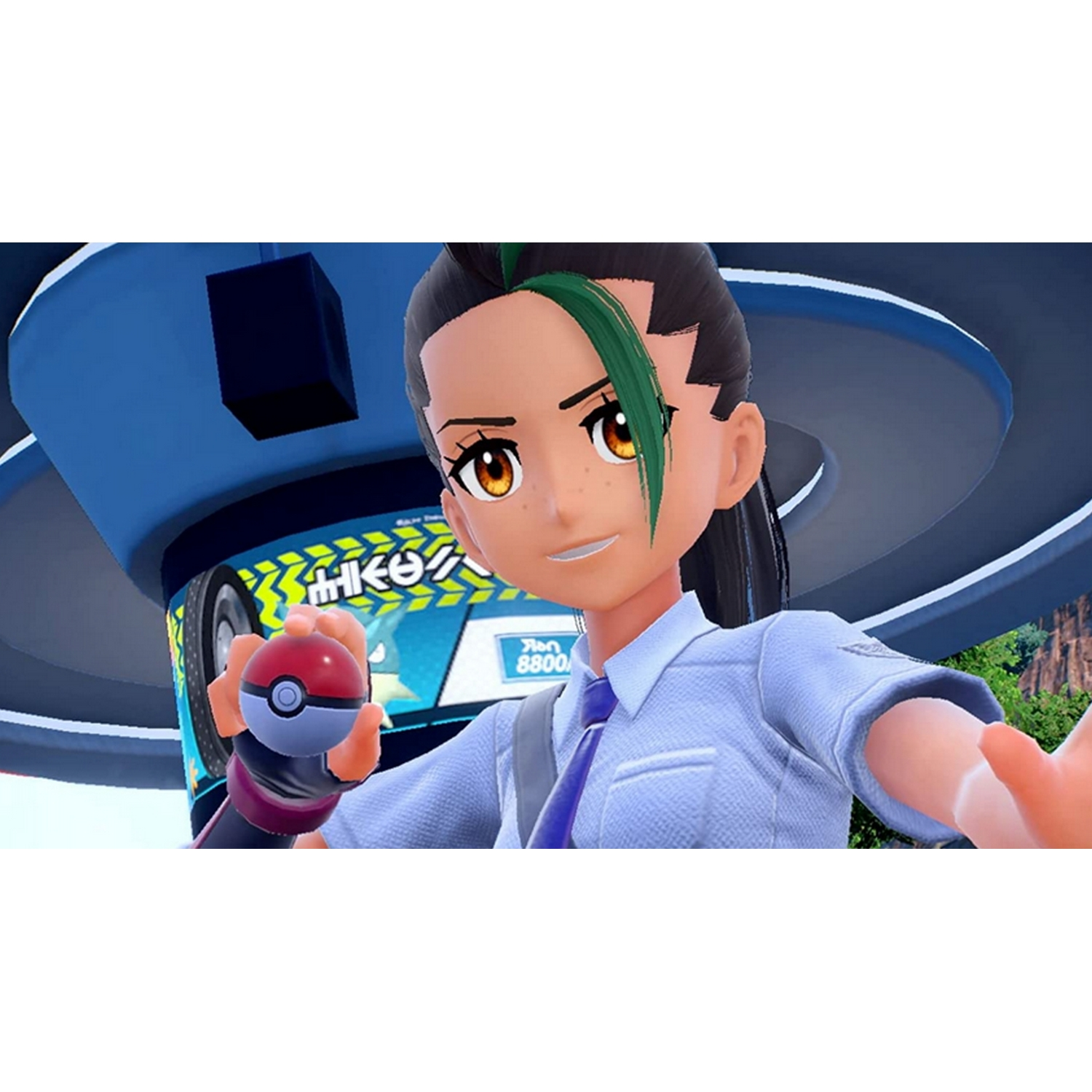 Personaje de un videojuego, sosteniendo una pokeball. El fondo muestra una ciudad.