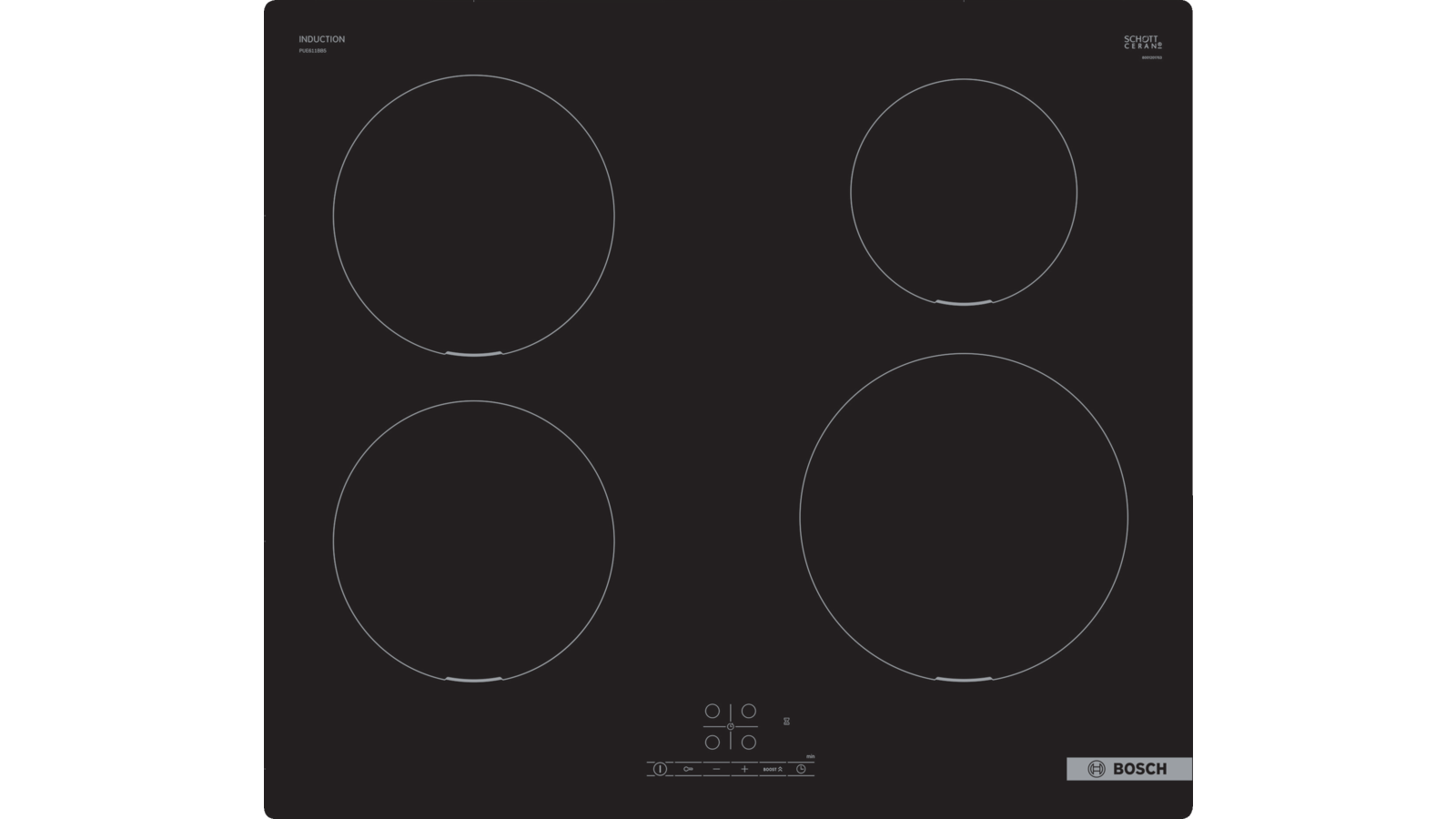 Encimera - Bosch PUE611BB5E, Eléctrica, Encimera inducción, 4 zonas, Negro
