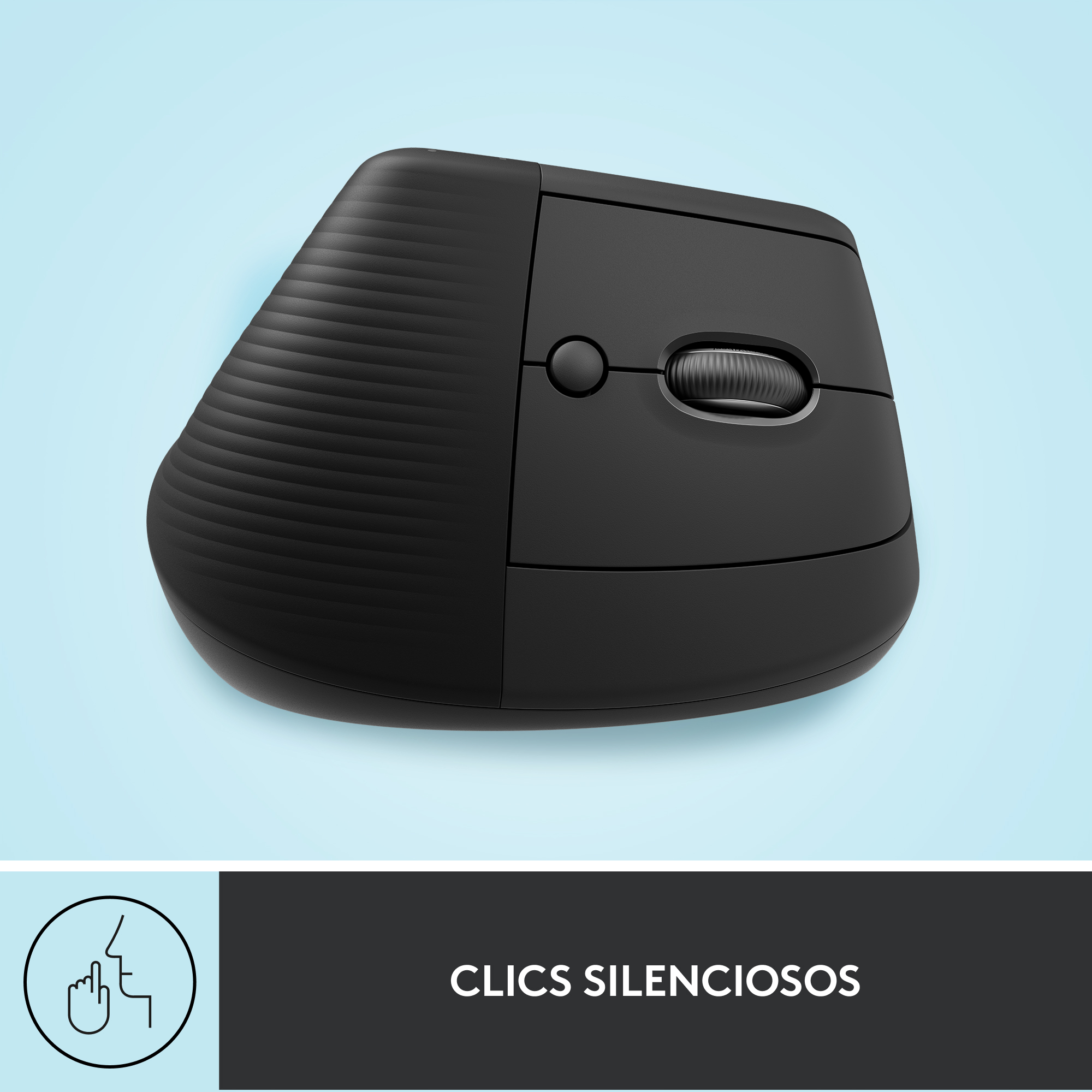 Un ratón ergonómico negro sobre un fondo azul claro con un icono de mano y las palabras 'CLICS SILENCIOSOS'.