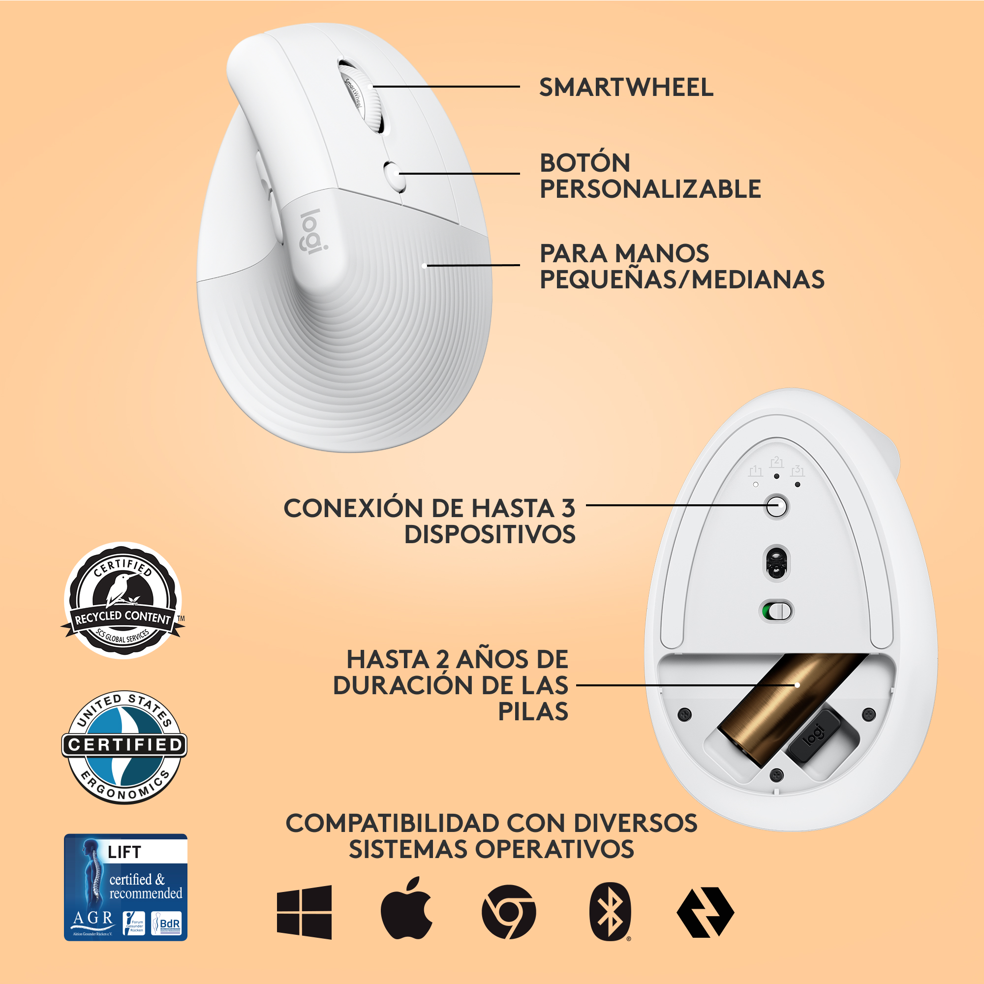 Ratón ergonómico blanco con indicaciones de las funciones.