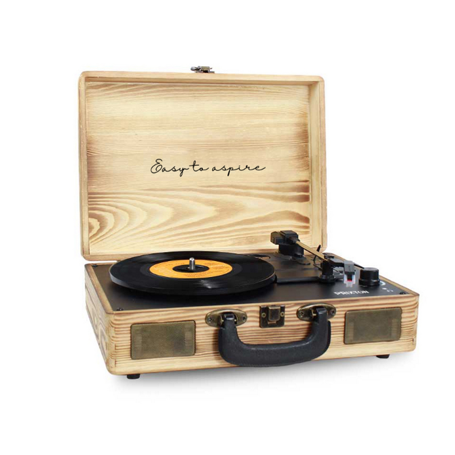 Un tocadiscos de madera abierto, con un disco dentro.