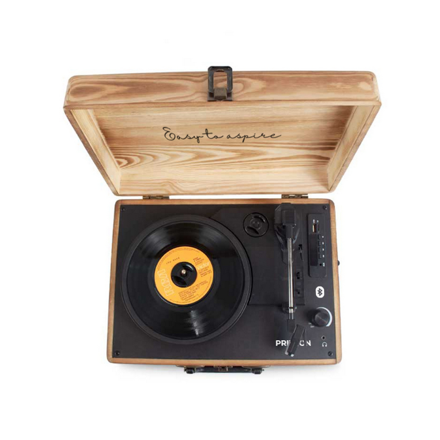 Tocadiscos de madera con tapa abierta. Disco en el tocadiscos. 'Easy to aspire'.