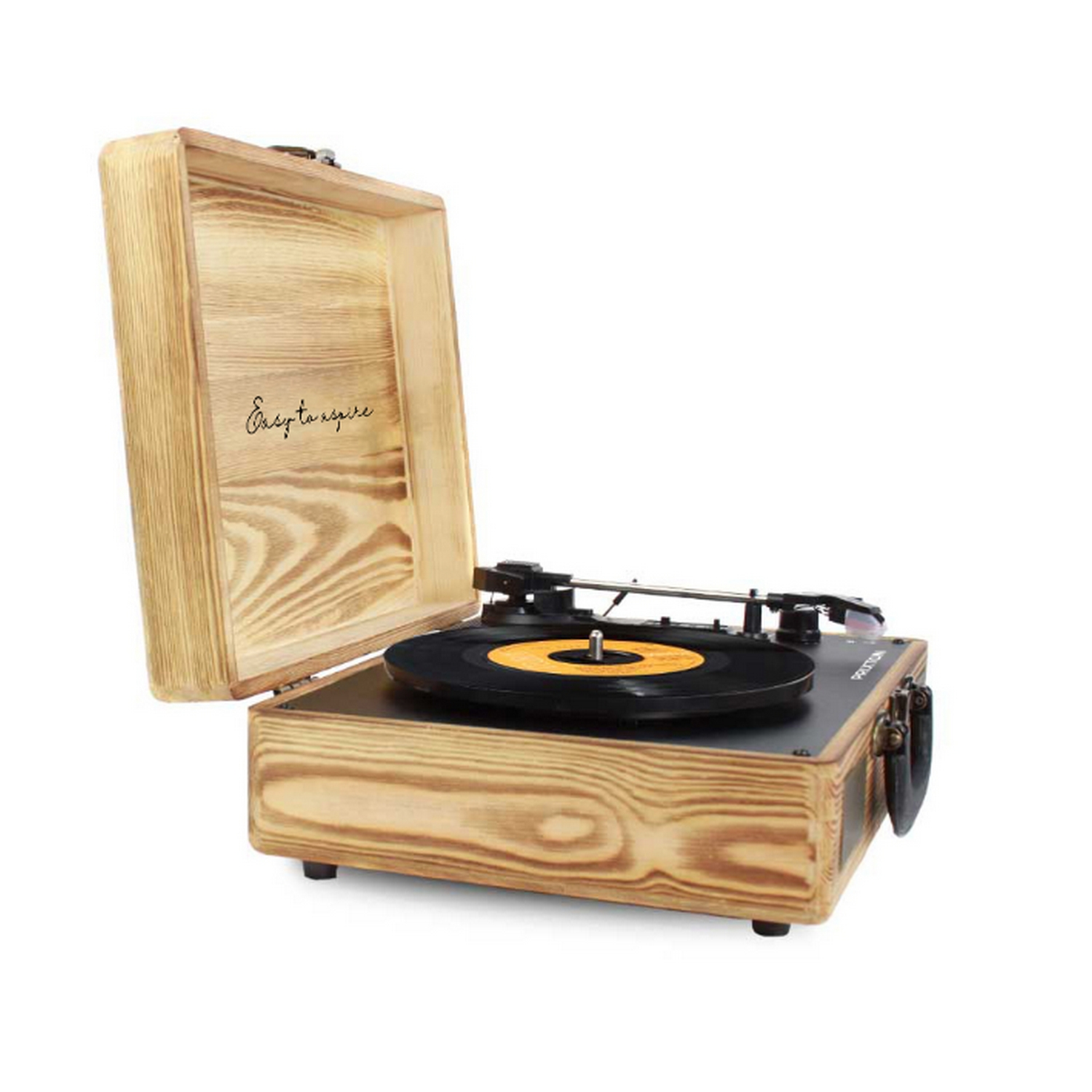 Un tocadiscos de madera con la tapa abierta y un disco en el plato giratorio. Las palabras "Easy to inspire" están escritas en él.