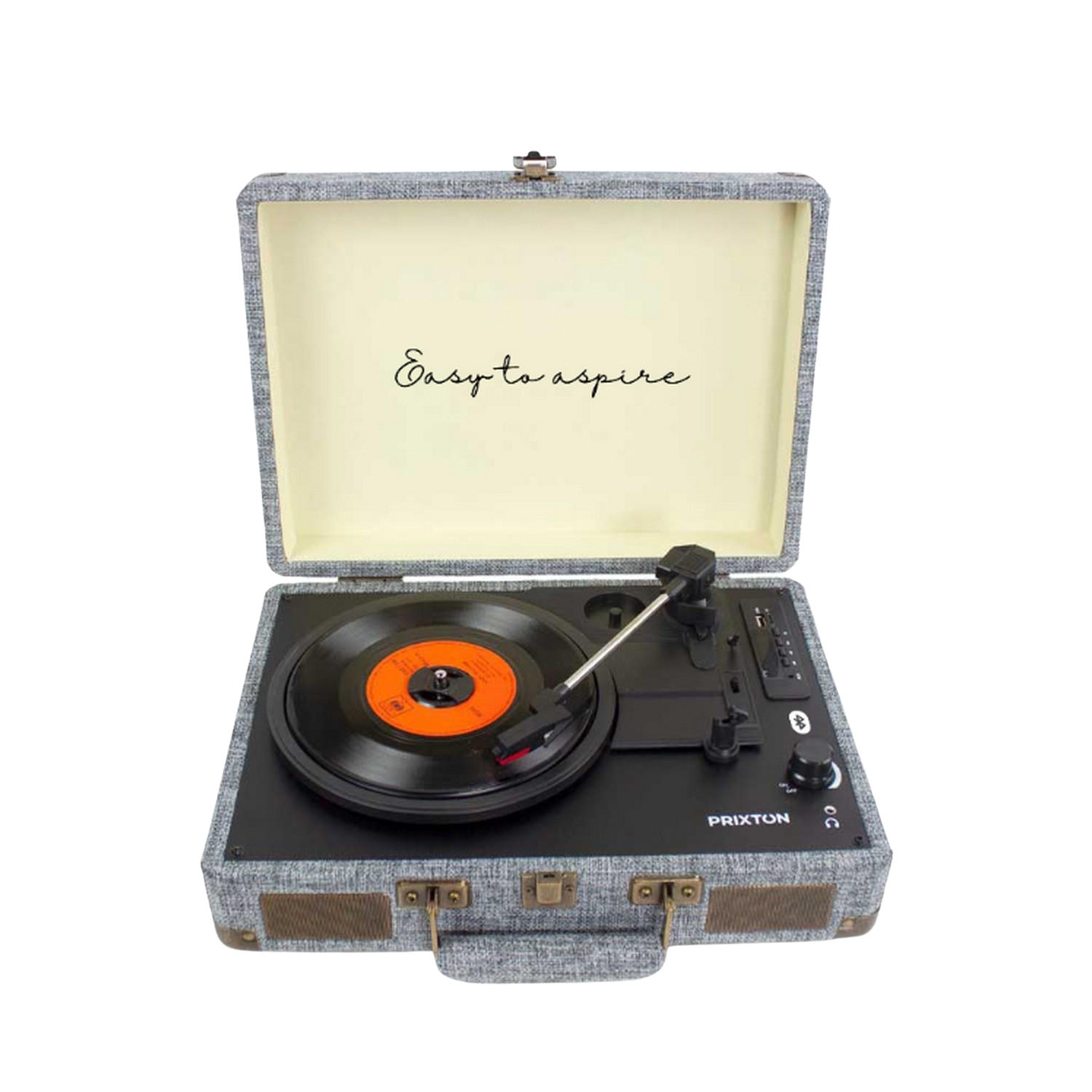 Tocadiscos - Prixton VC400, Reproductor Vinilo, Bluetooth, USB, Altavoces Incorporados, Diseño de Maleta, Gris