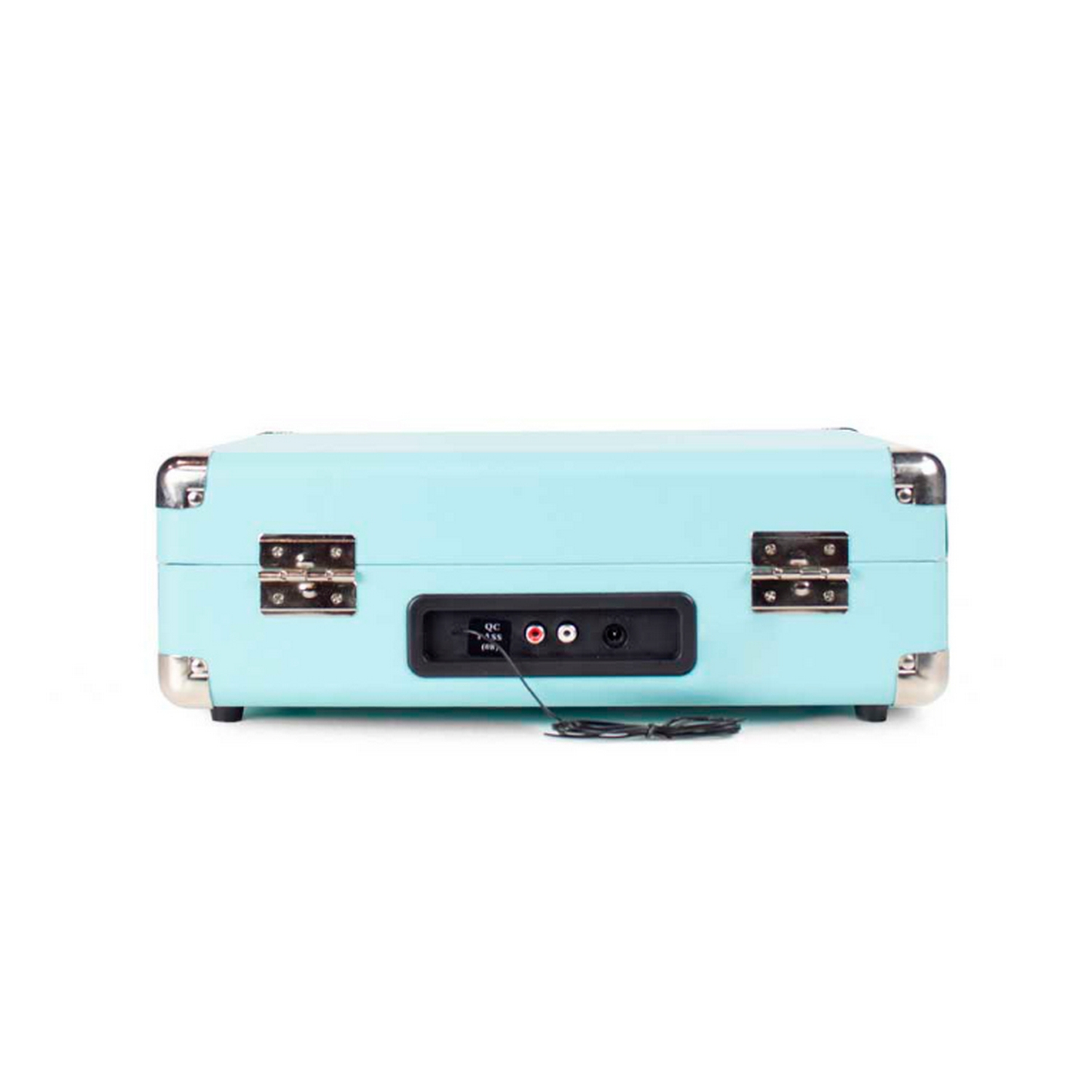 Vista trasera de un tocadiscos azul claro de estilo retro con detalles metálicos plateados y puertos de entrada.