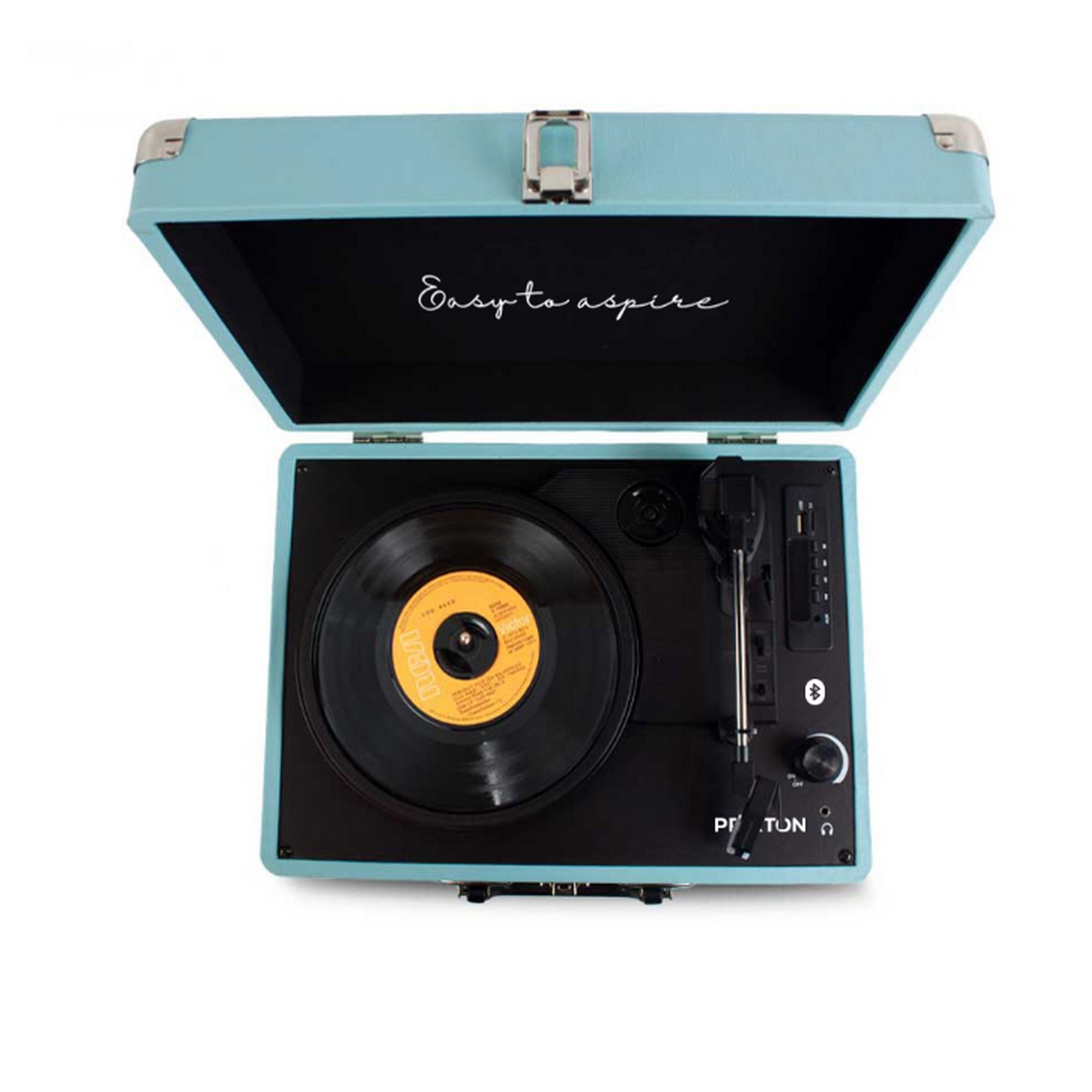 Tocadiscos con tapa abierta, mostrando disco y controles.