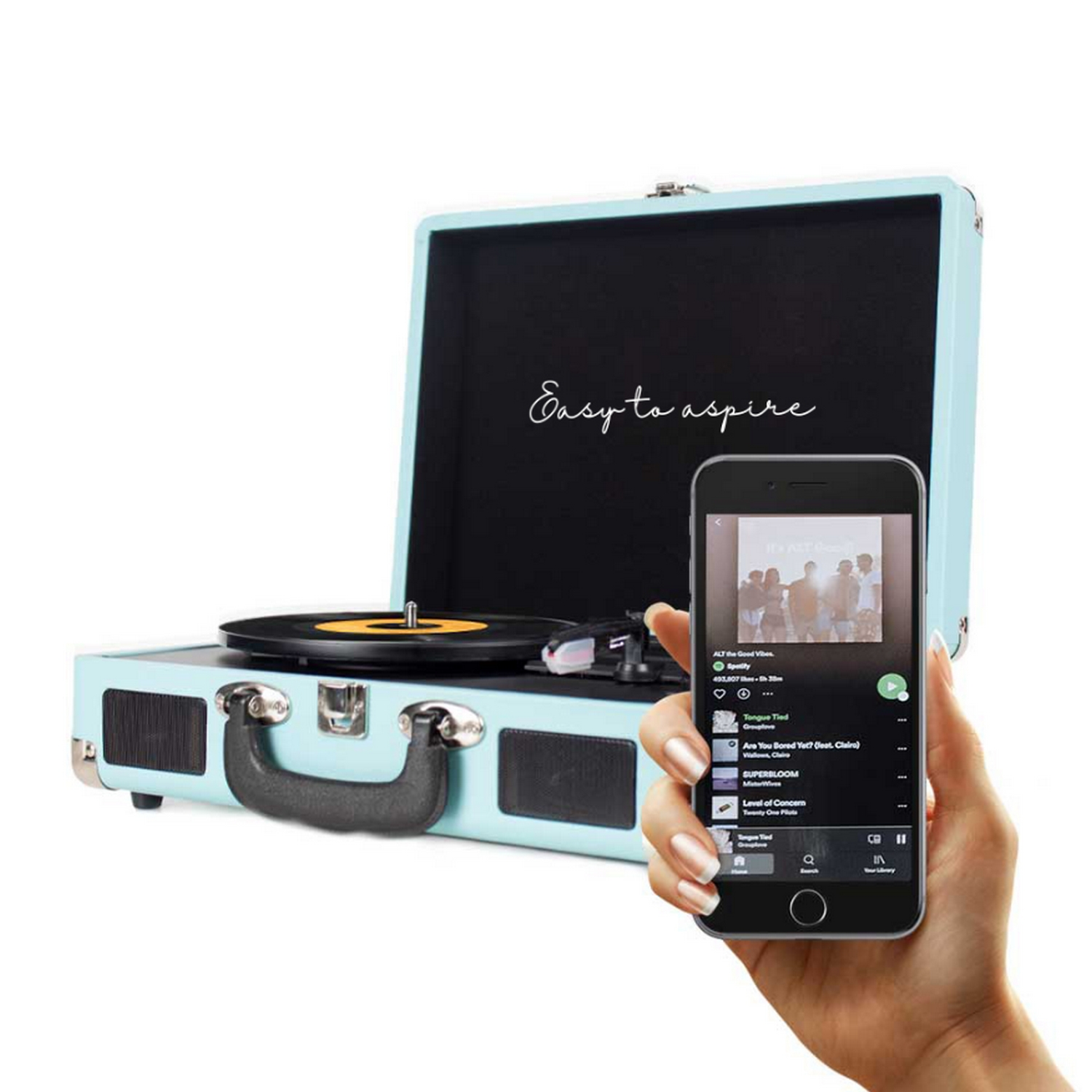 Un tocadiscos con un teléfono que muestra una aplicación de música, colocado sobre una funda azul.