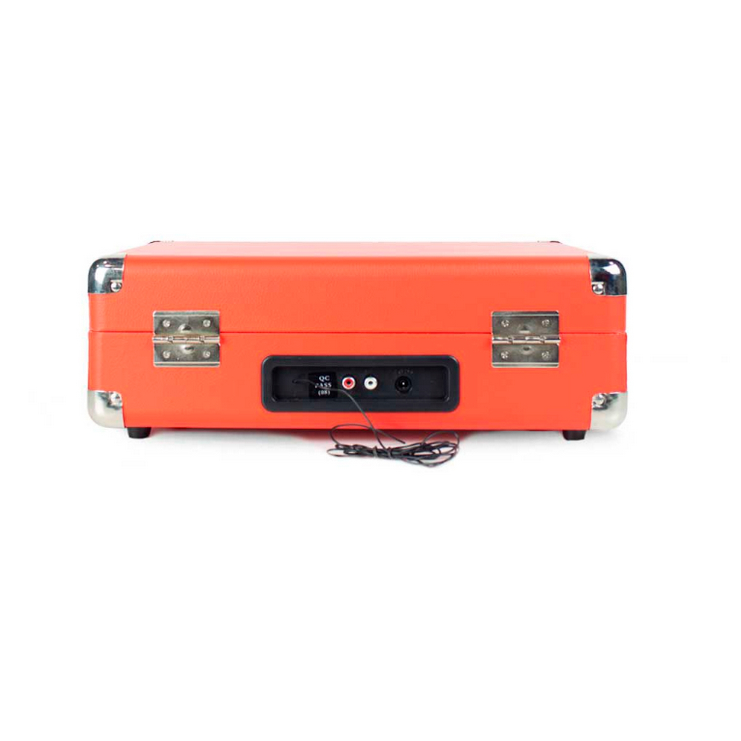 Tocadiscos naranja con detalles plateados. Tiene puertos de entrada y un cable de alimentación en la parte trasera.
