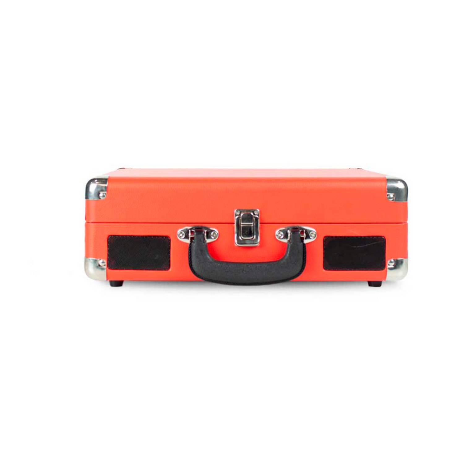 Un tocadiscos naranja con forma de maleta. Tiene un asa y dos altavoces en la parte delantera.
