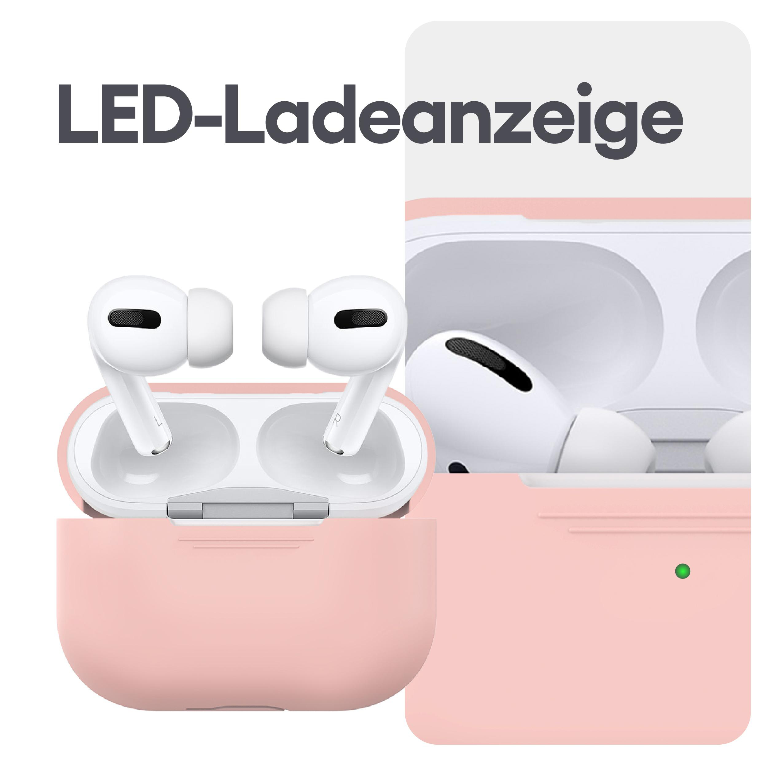 Rosa AirPods Pro Hülle mit Ohrhörern und grüner LED-Anzeige.