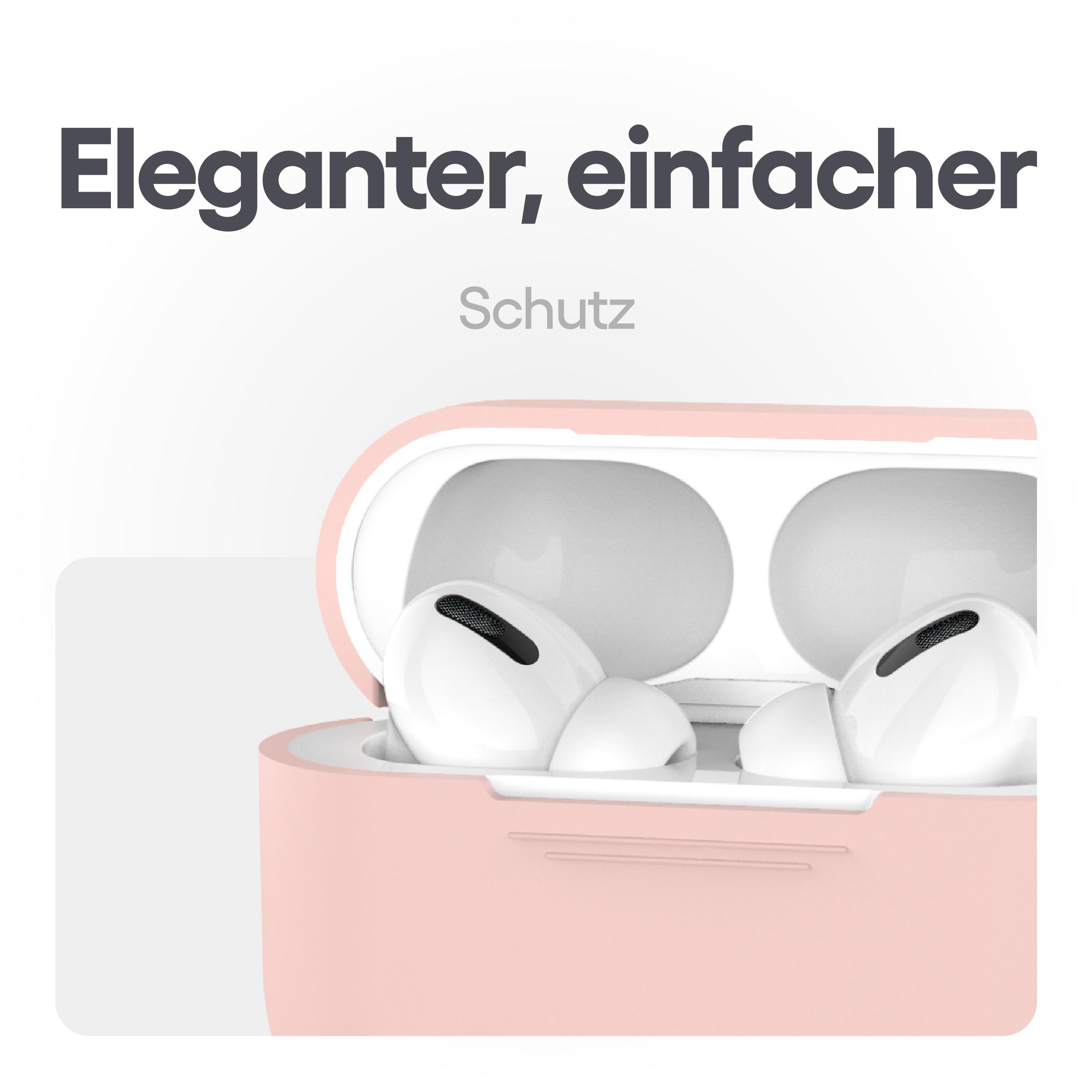 Rosa Kopfhörer-Etui mit Ohrhörern, Text: 'Elegante, einfacher Schutz'.