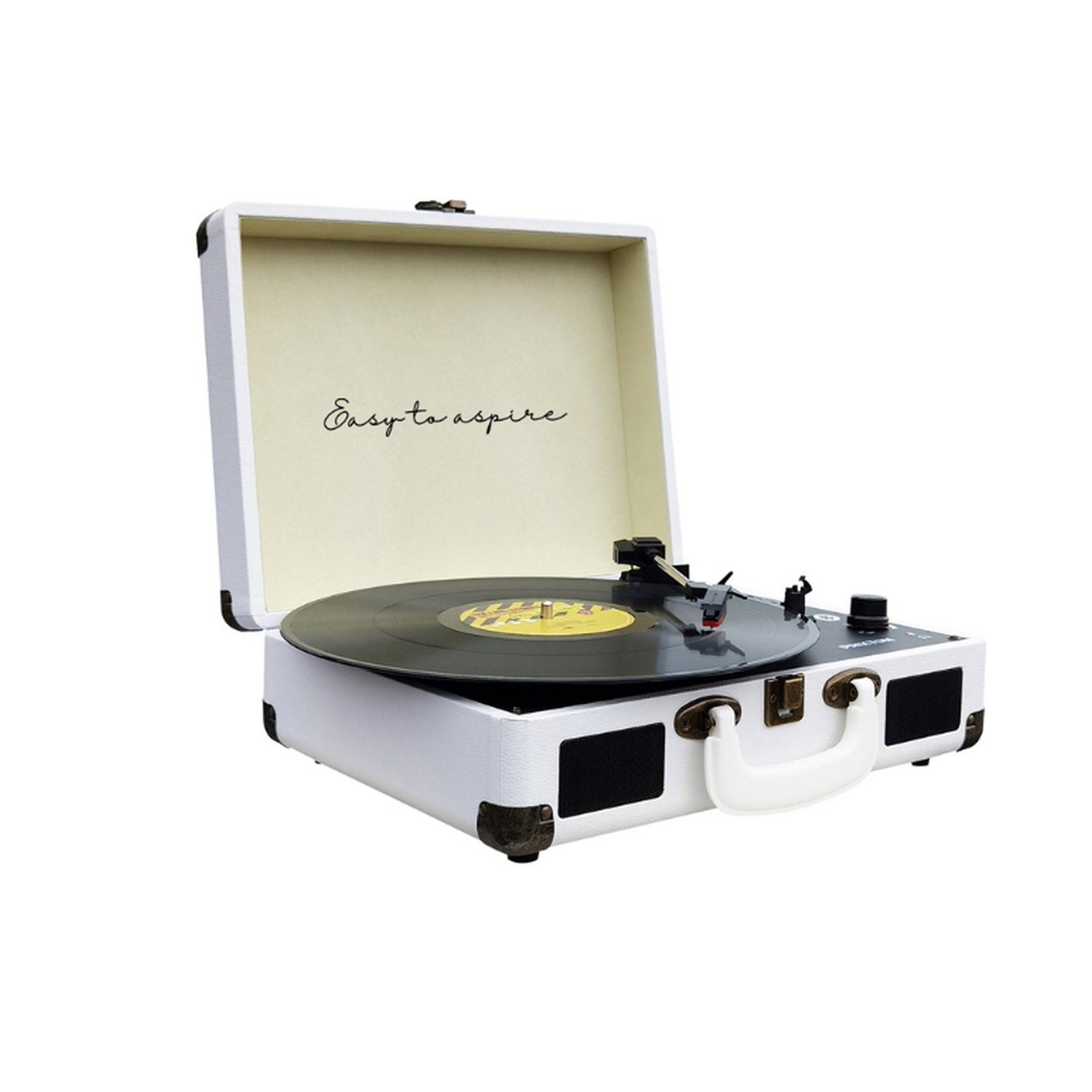 Un tocadiscos blanco con un disco y el texto 'Easy to aspire'.