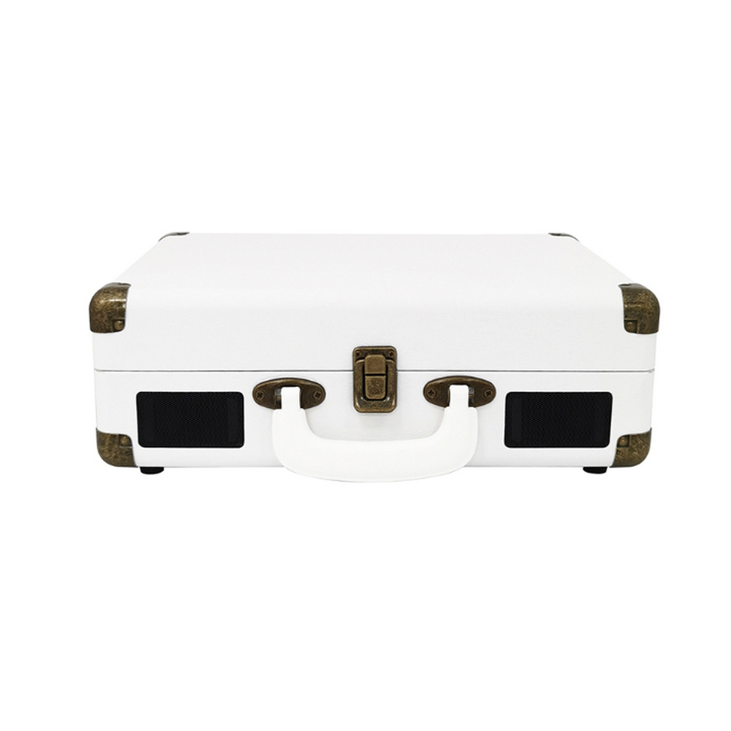 Un tocadiscos blanco tipo maleta con esquinas doradas y un asa, sobre un fondo blanco.