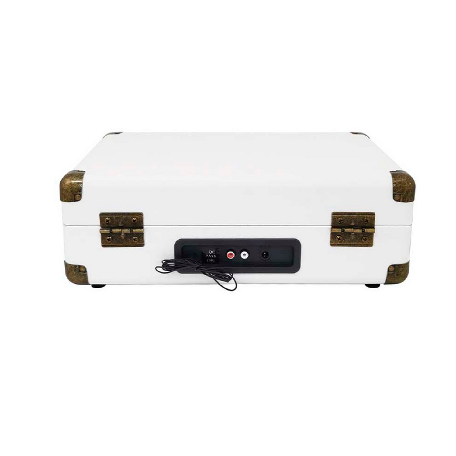 Tocadiscos blanco de estilo vintage con detalles metálicos color bronce, aislado sobre blanco.