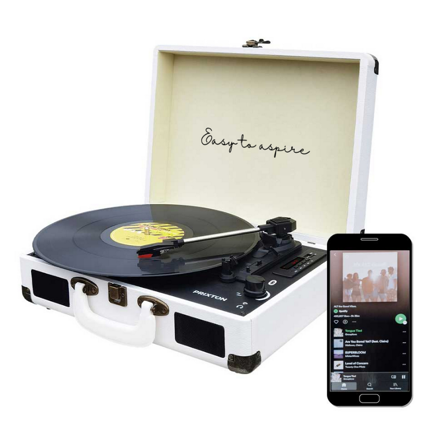 Un tocadiscos blanco está abierto. Un smartphone muestra una aplicación de música. El fondo es blanco.