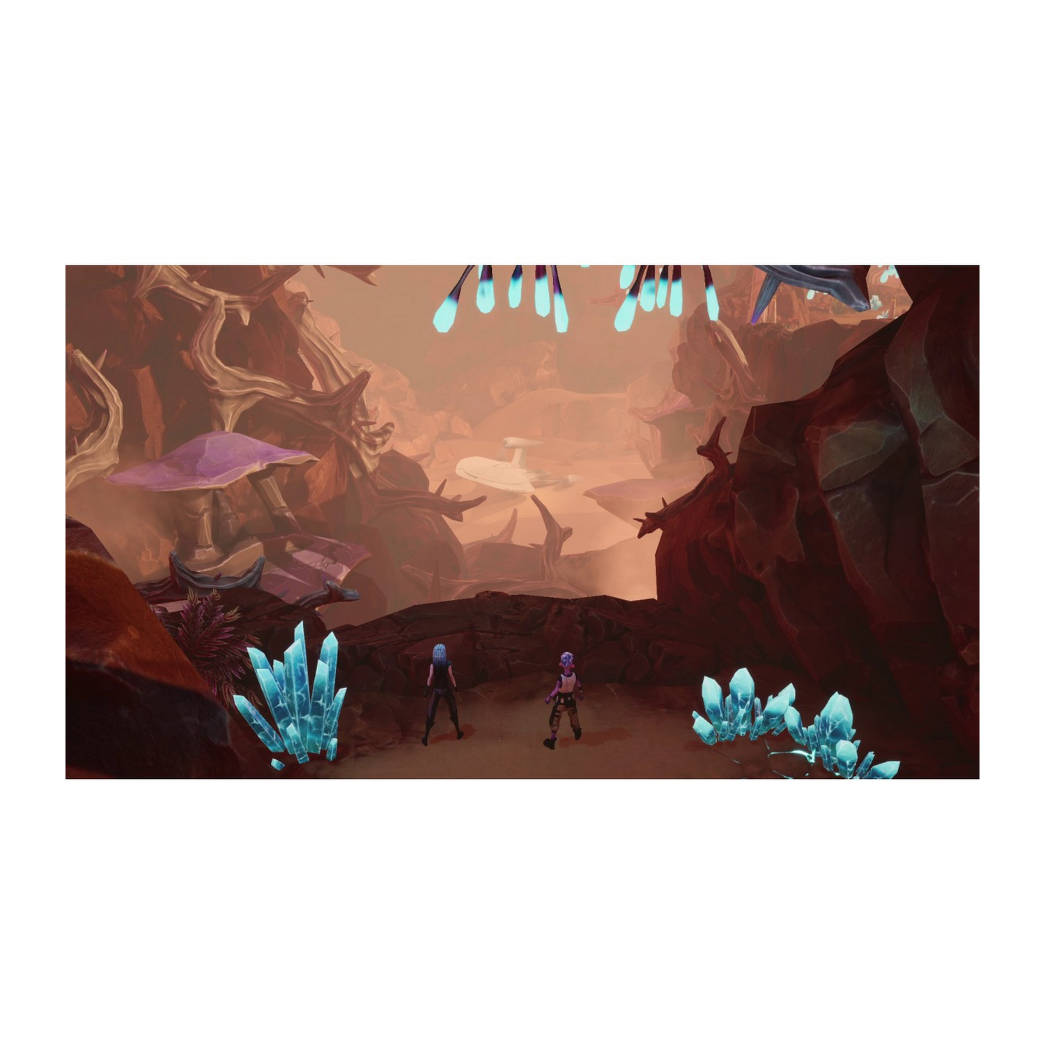 Dos personajes en un entorno de fantasía con cristales y formaciones rocosas rojas.