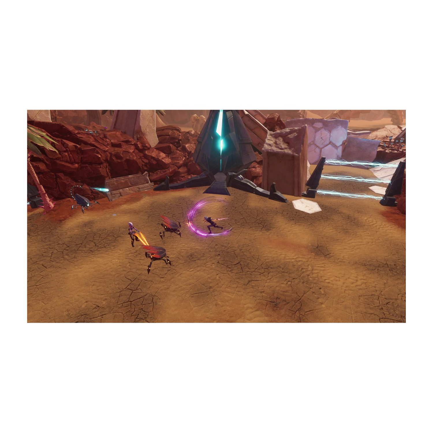 Escena de juego de ciencia ficción. Personajes luchando en un planeta desértico con estructuras.