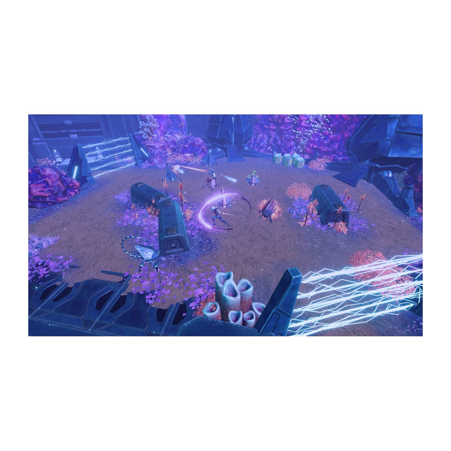 Una escena de videojuego que muestra un entorno futurista. Los personajes luchan.