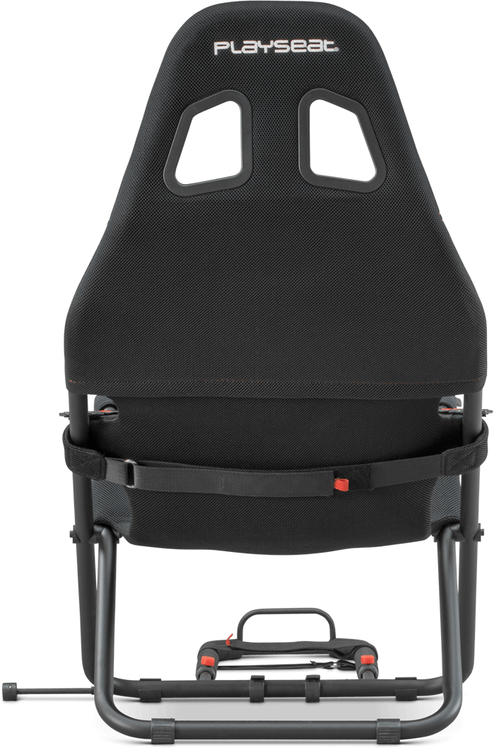 Egy fekete gamer szék hálós háttal, fekete kerettel és biztonsági övszerű pánttal. A "PLAYSEAT" márkanév látható.