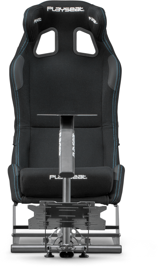 Fekete-kék versenyülés, fémvázzal és 'Playseat' logóval, sötét háttér előtt.