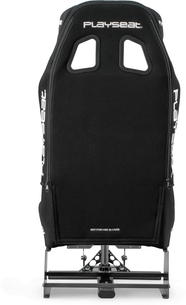 Fekete Playseat gamer szék. A szék háttámlája látható, rajta a Playseat logóval.