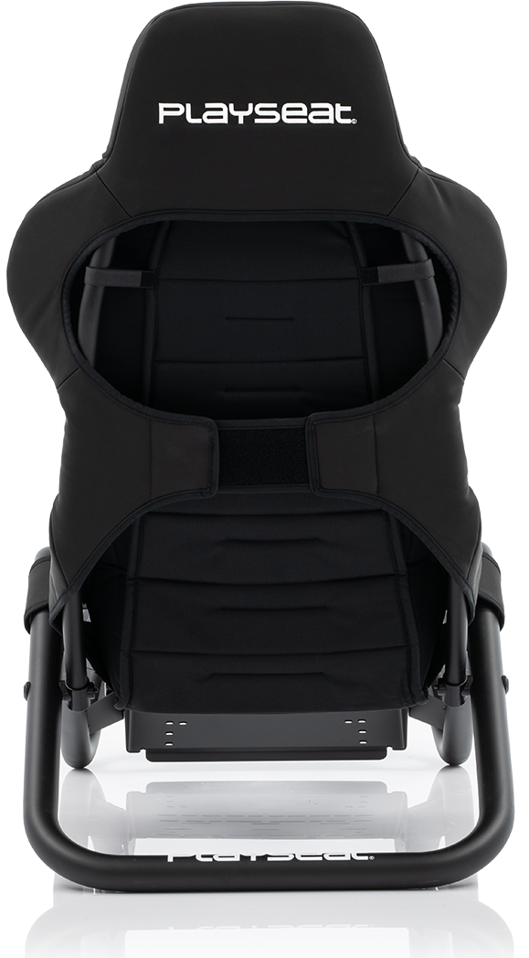 Fekete Playseat gaming szék, hátulnézetben. Fejtámla Playseat logóval, támogató kialakítás.