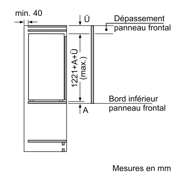 Diagram met afmetingen van een rechthoekig item, met labels in het Frans.