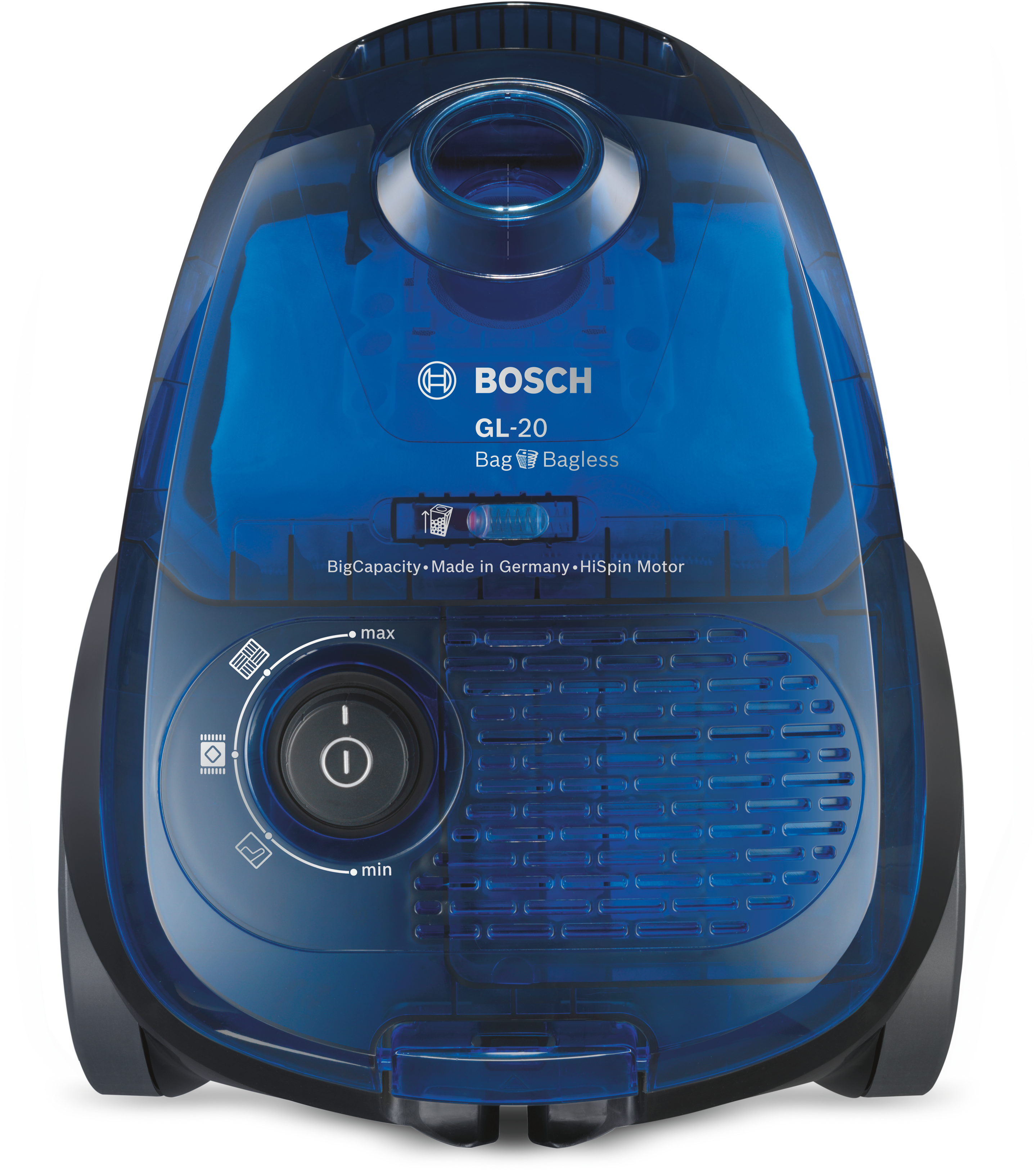 Blauer Bosch Staubsauger mit schwarzen Details und Bedienfeld.