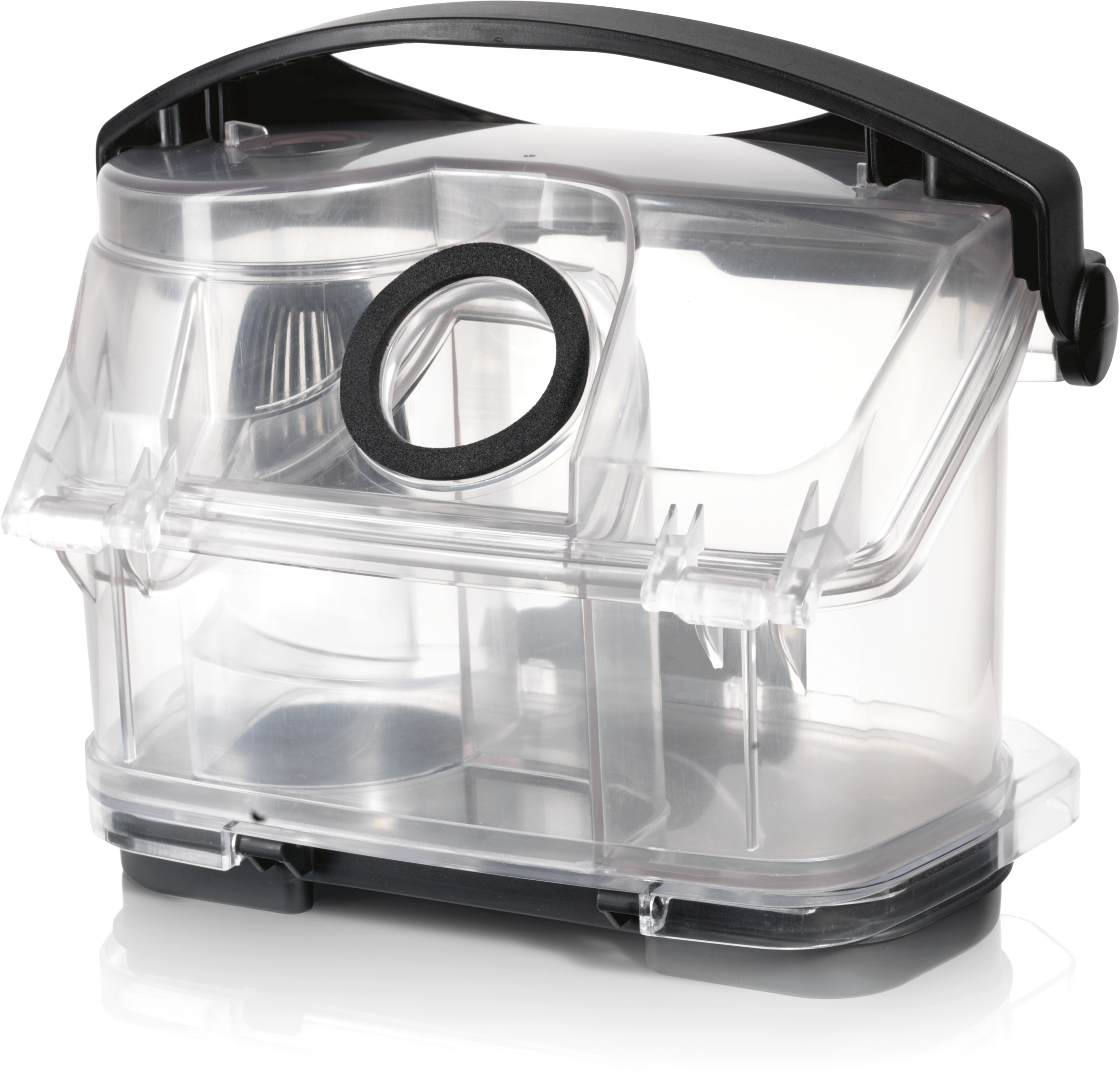 Ein transparenter Staubsauger-Staubbehälter mit schwarzem Griff und Ring.
