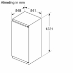 Een diagram met de afmetingen van een witte koelkast.