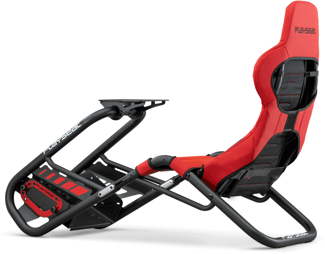 Piros gamer szék fekete kereten. Versenyzési szimulációhoz tervezték.