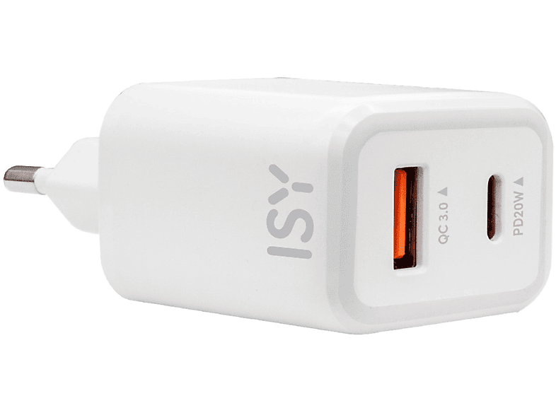 Caricabatteria ISY Itc-0008 Caricatore 2 porte da 20W PD, 1 porta Type-C + Usb, bianco