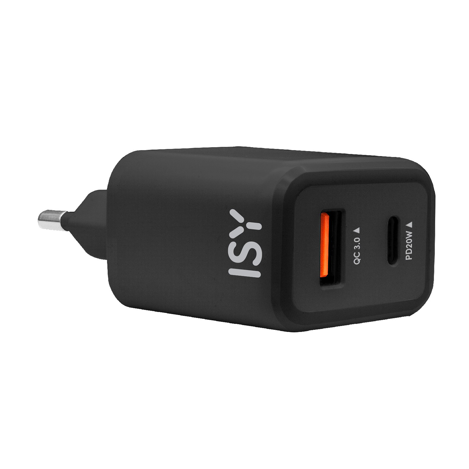 Caricabatteria ISY Itc-0011 Caricatore 2 porte da 20W PD, 1 porta Type-C + Usb, nero