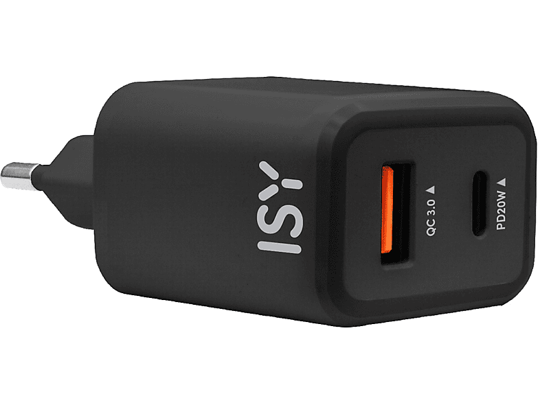 Caricabatteria ISY Itc-0011 Caricatore 2 porte da 20W PD, 1 porta Type-C + Usb, nero