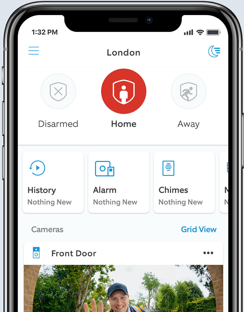 Smartphone screen showing a home security app interface with multiple icons.