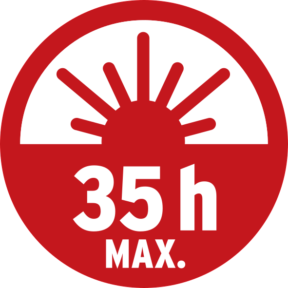 Ein roter Kreis mit Sonnenstrahlen und dem Text 35h MAX, in Weiß.