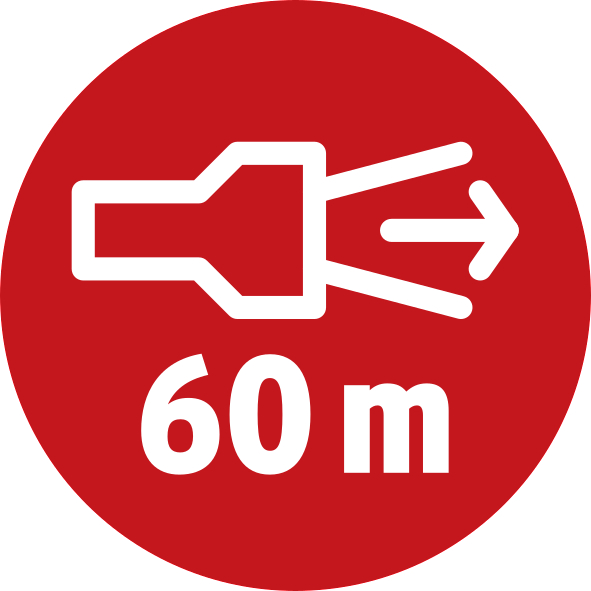 Roter Kreis mit einem Taschenlampensymbol und dem Text '60 m', der die Entfernung angibt.