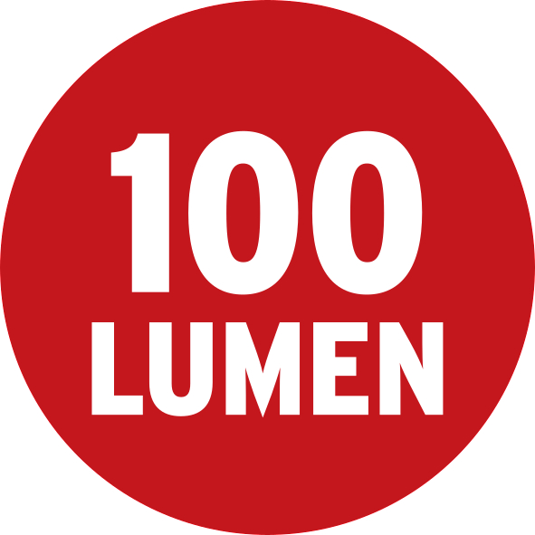 Ein roter Kreis mit weißem Text 100 LUMEN.
