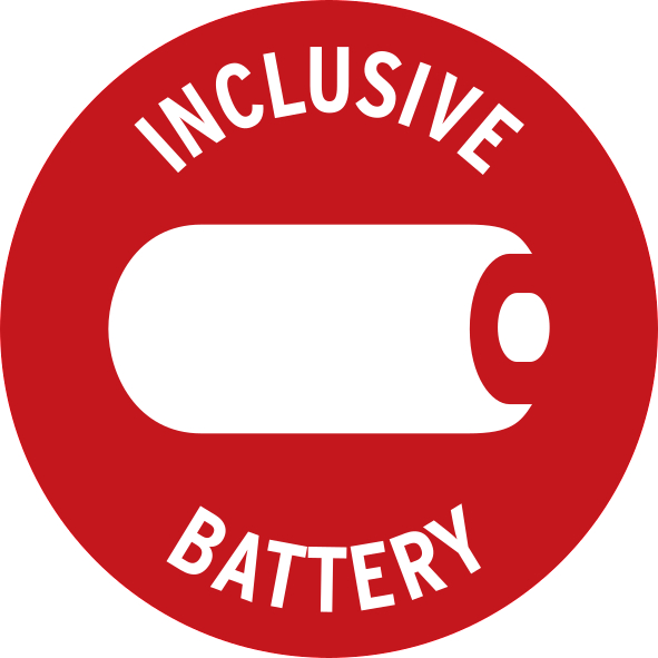 Roter Kreis mit weißem Batteriesymbol und Text: INCLUSIVE BATTERY.