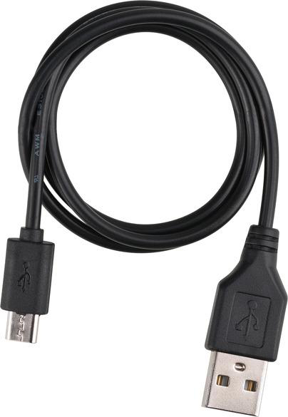 Schwarzes USB-Kabel mit Micro-USB- und Standard-USB-Anschluss.