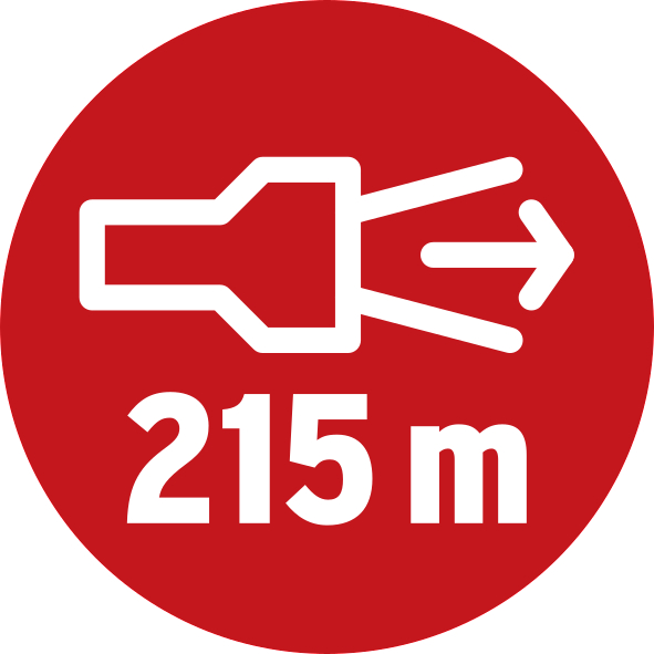 Rotes Kreissymbol. Taschenlampe mit drei Strahlen, Text 215 m.