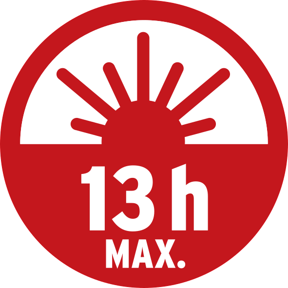 Roter Kreis mit Sonnenaufgang und Text '13h MAX'. Weißer Hintergrund.