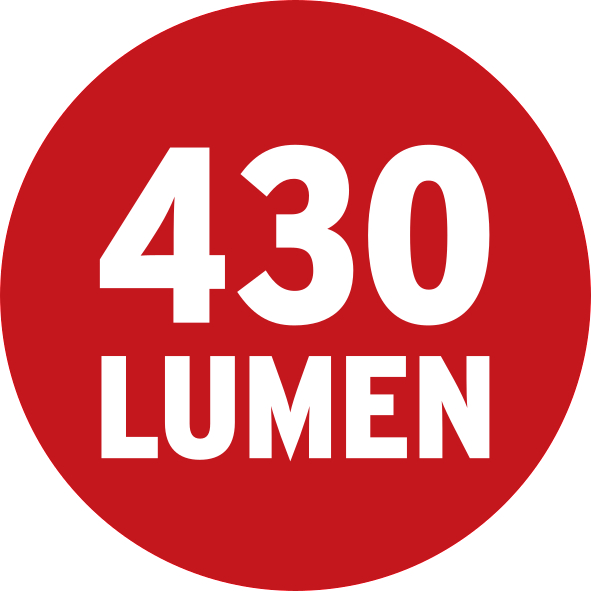 Ein roter Kreis mit der Zahl 430 und dem Wort LUMEN.