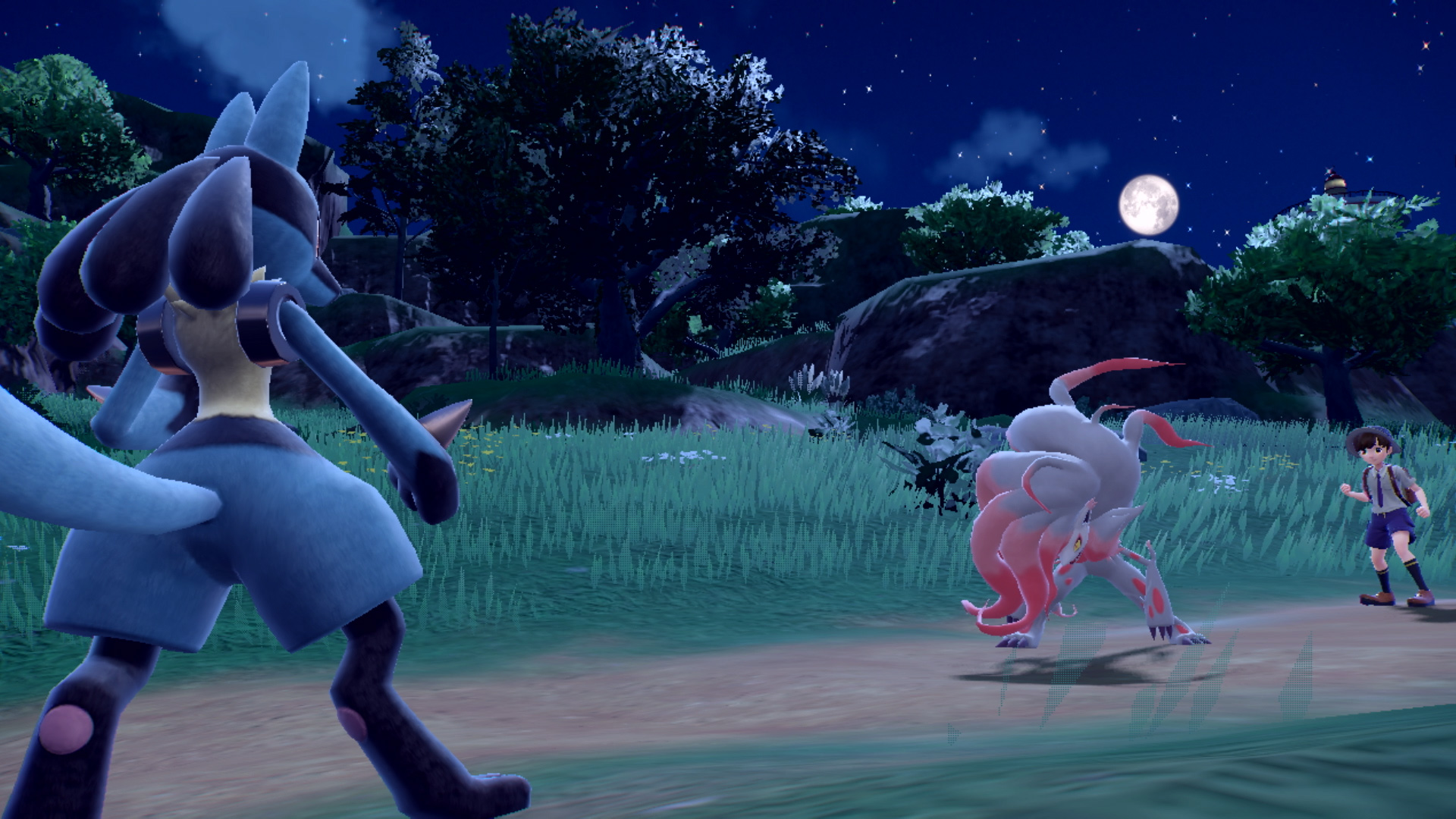 Pokémon-Kampfszene mit Lucario und Zoroark, Nachtszene, Vollmond.