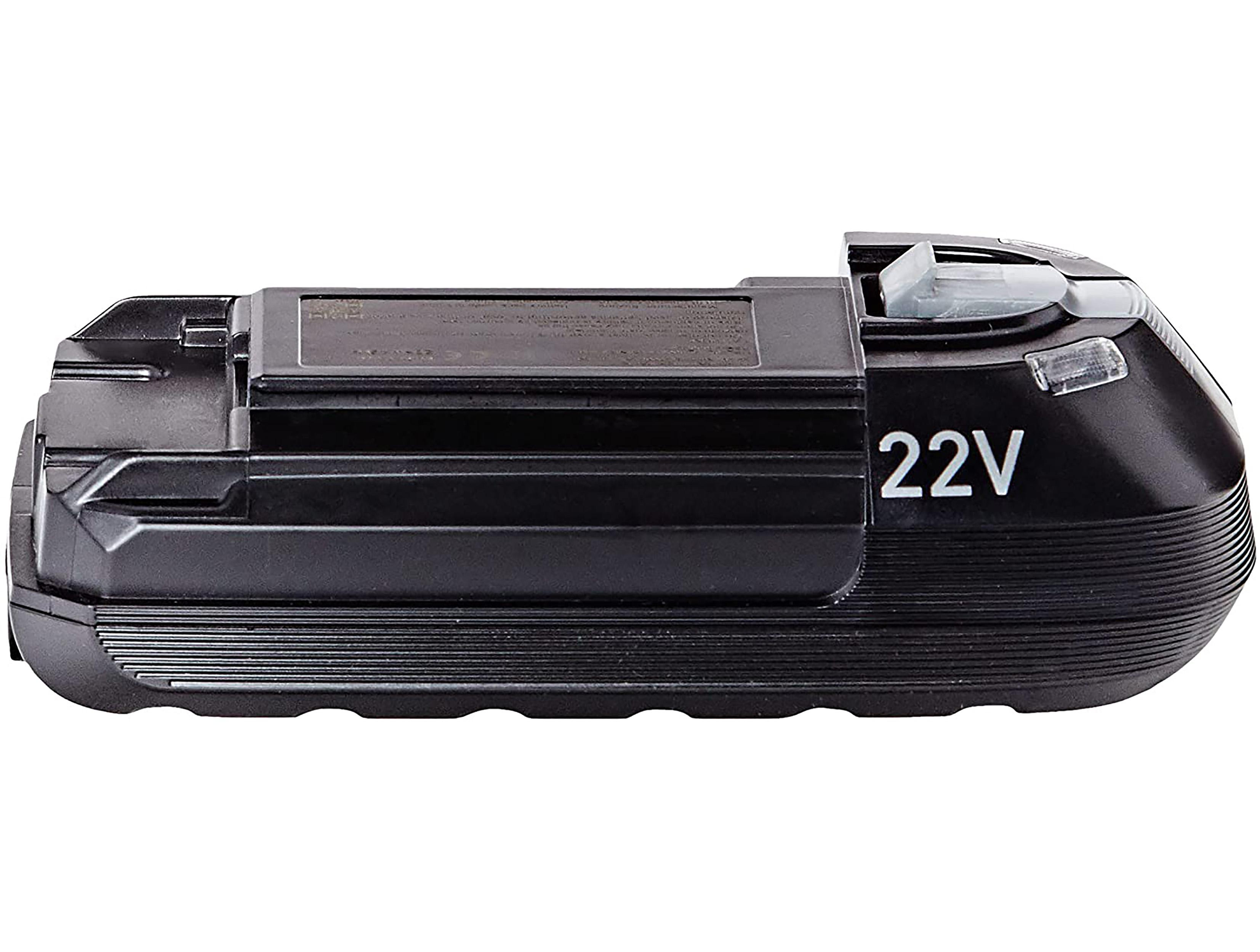 Schwarzer 22V Akku. Seitenansicht, zeigt das Design des Akkus.