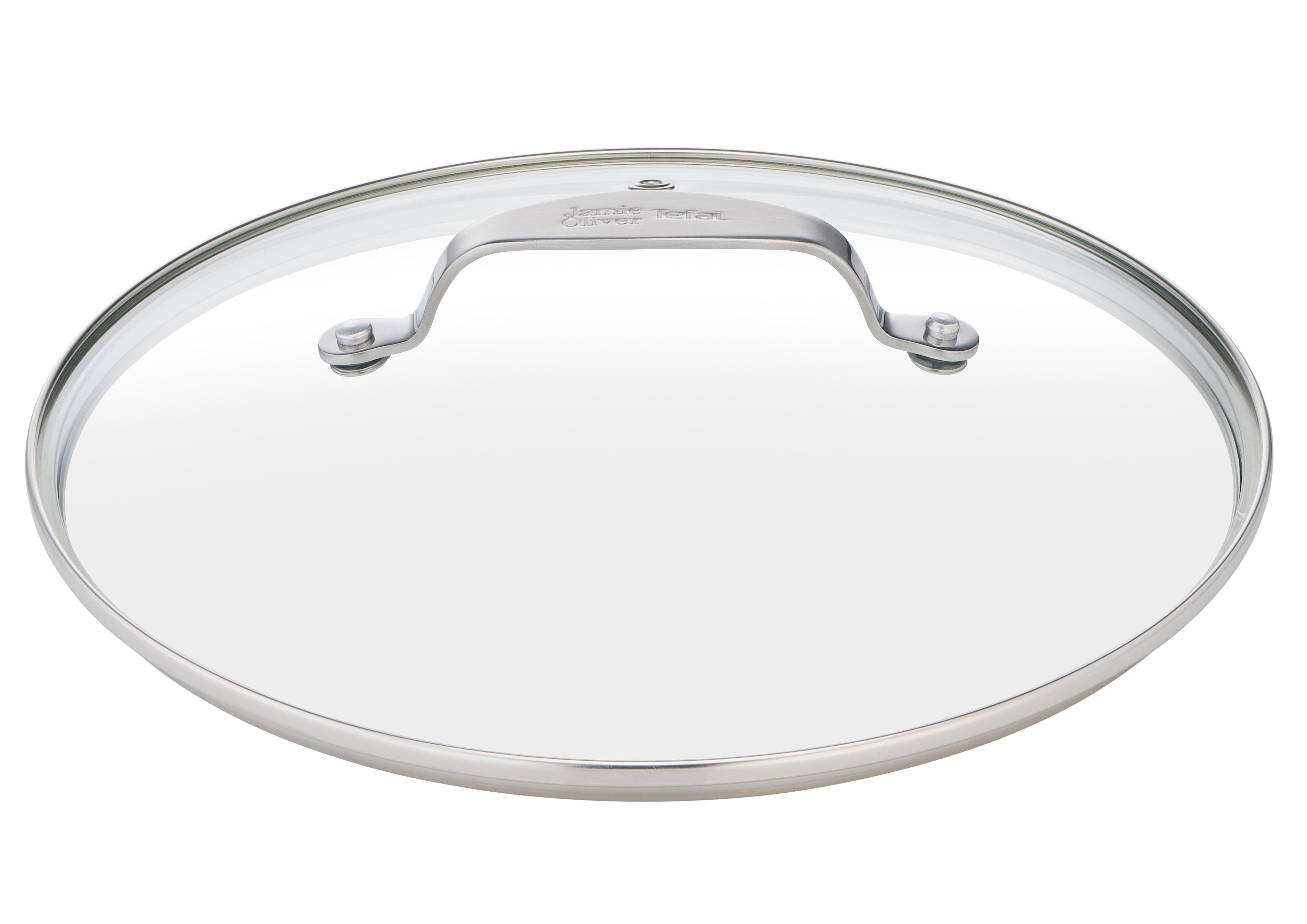 Runder Glasdeckel mit silbernem Rand und Griff, isoliert auf Weiß.