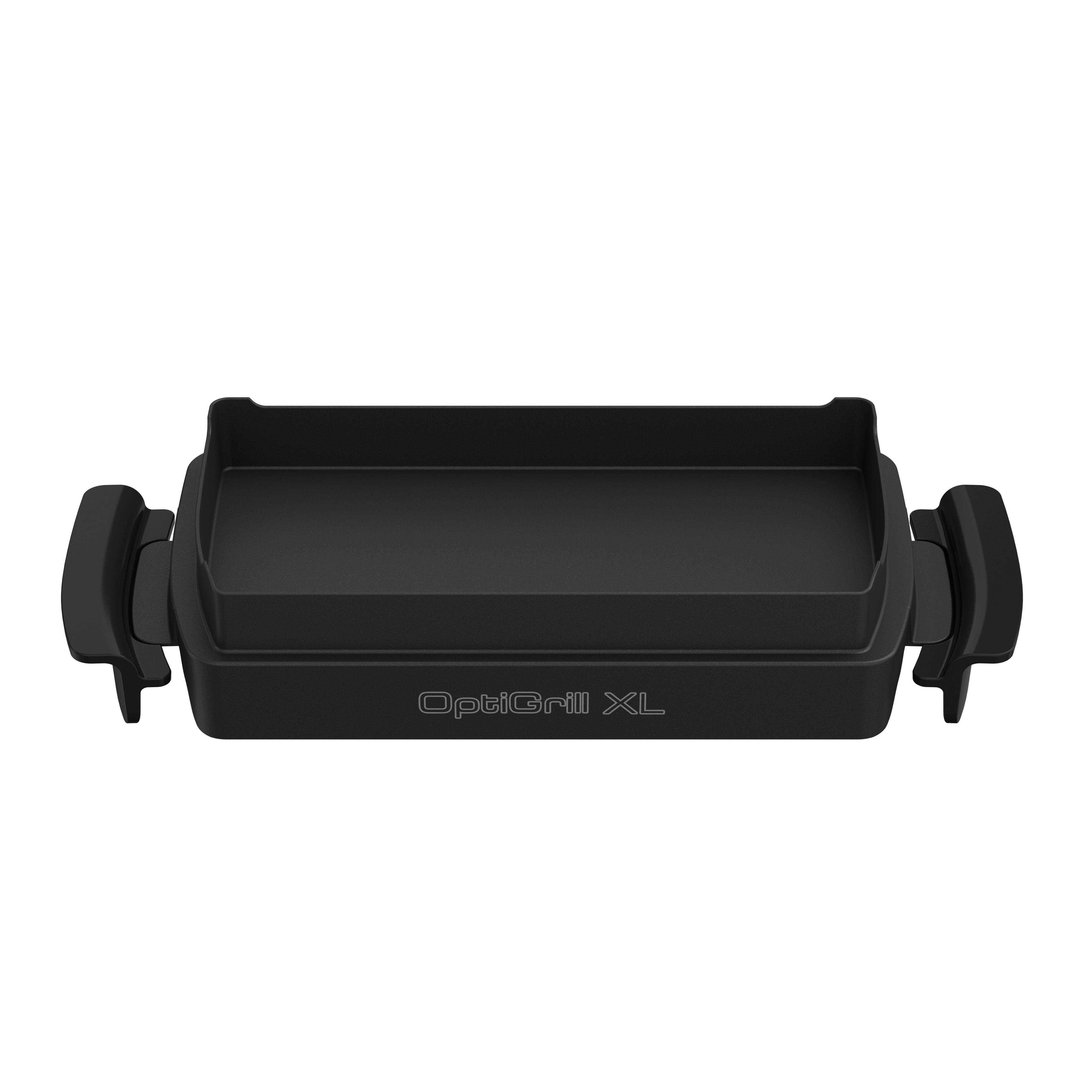 Ein schwarzer OptiGrill XL wird gezeigt. Es hat Griffe auf jeder Seite. Der Hintergrund ist weiß.