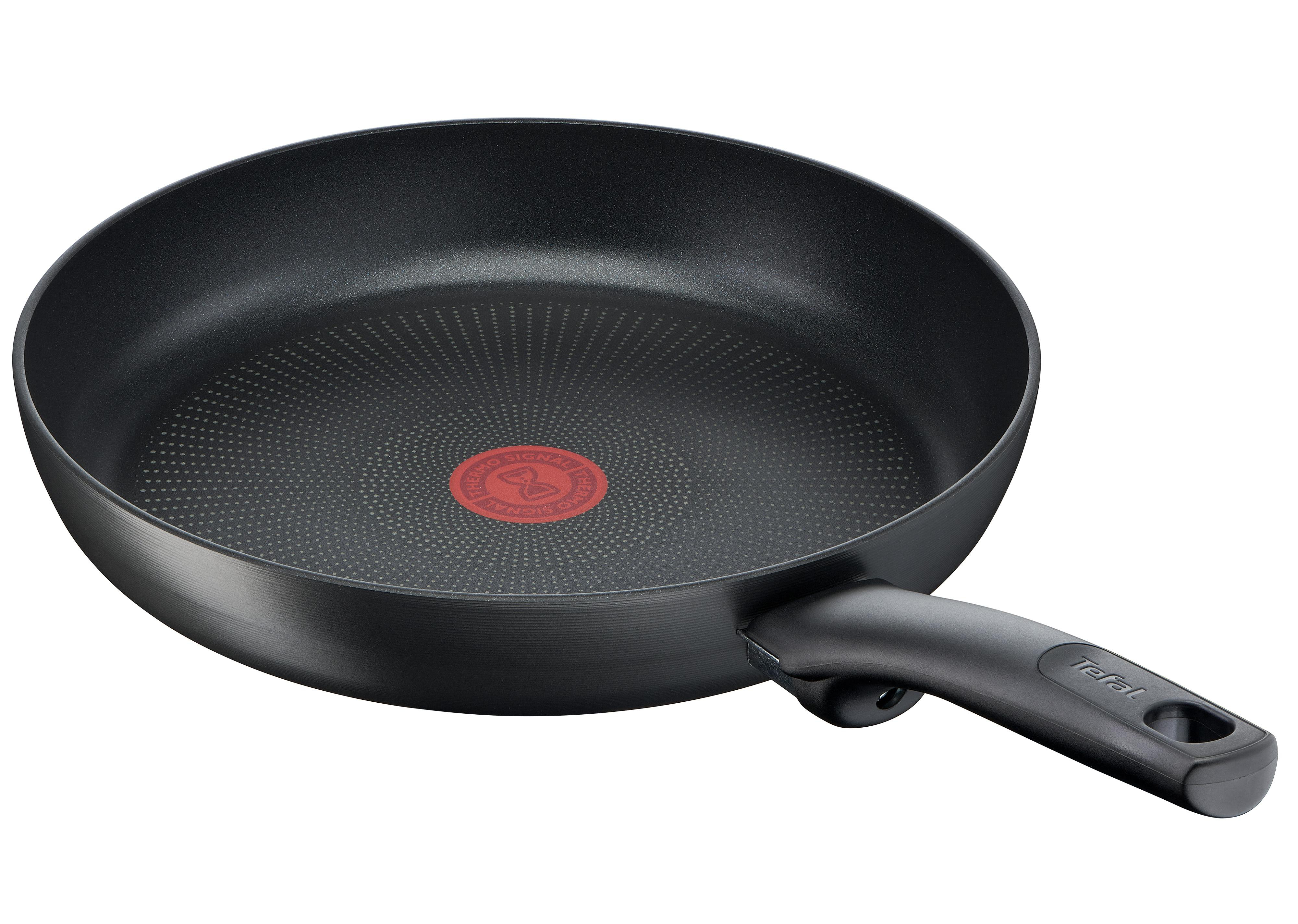 Schwarze Tefal Bratpfanne mit rotem Logo, auf weißem Hintergrund.